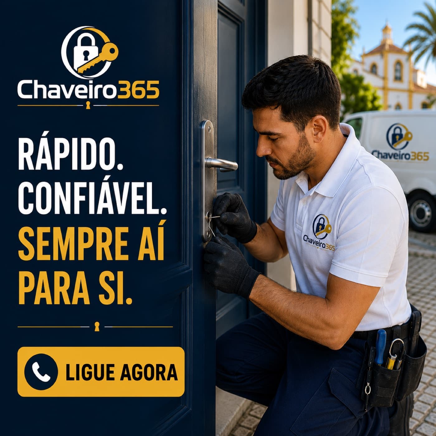Técnico de chaveiro a realizar abertura de uma porta no Algarve