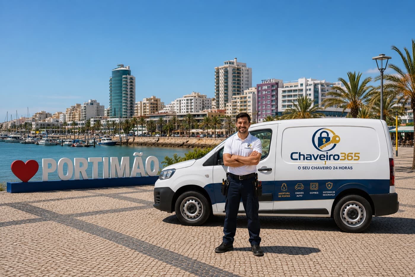 Técnico e viatura do Chaveiro 365 em serviço em Portimão