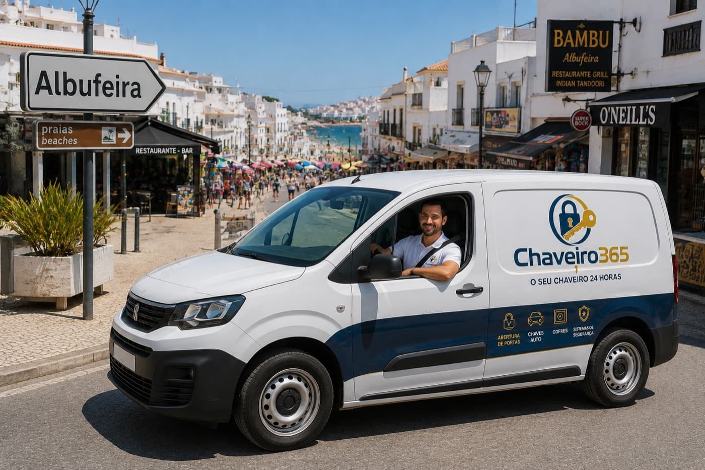 Técnico e viatura do Chaveiro 365 em serviço em Albufeira