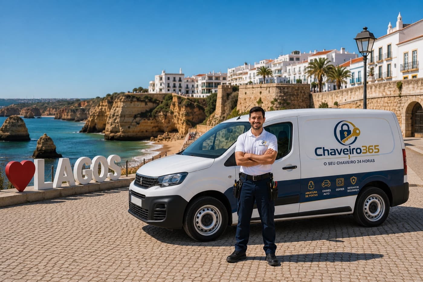 Técnico e viatura do Chaveiro 365 em serviço em Lagos
